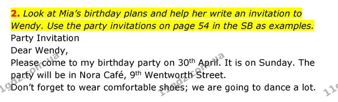2. Look at Mia’s birthday plans and help her write an invitation to Wendy. Use the party invitations on page 54 in the SB as examples. — ГДЗ Робочий зошит Англійська мова 6 клас Карпюк