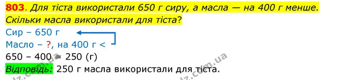 803. Для тіста використали 650 г сиру, а масла — на 400 г менше. Скільки масла використали для тіста? — ГДЗ Математика 3 клас Бевз 2 частина