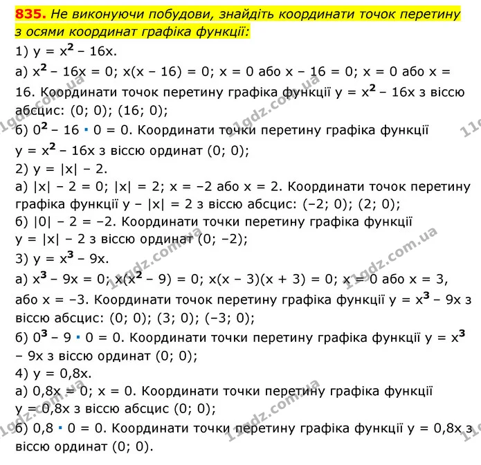 835. Не виконуючи побудови, знайдіть координати точок перетину — ГДЗ Алгебра 7 клас Мерзляк, Полонський 2015