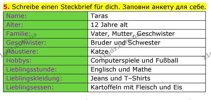 5. Schreibe einen Steckbrief für dich. Заповни анкету для себе. — ГДЗ Робочий зошит Німецька мова 6 клас Гоголєва
