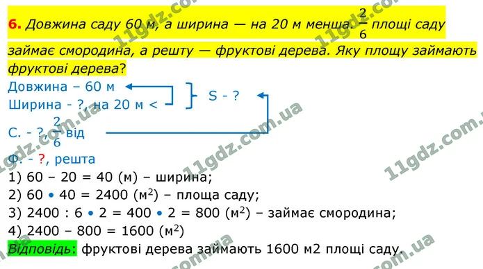 6. Довжина саду 60 м, а ширина — на 20 м менша. 26 площі саду займає смородина, а решту — фруктові дерева. Яку площу займають фруктові — ГДЗ Математика 4 клас Логачевська 1-2 ч. 2021