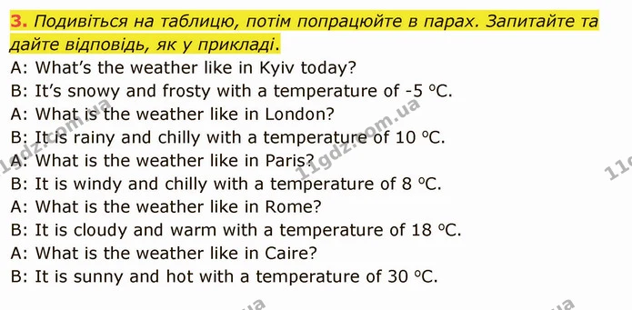 3. Подивіться на таблицю, потім попрацюйте в парах. Запитайте та дайте відповідь, як у прикладі. — ГДЗ Англійська мова 5 клас Карпюк 2022
