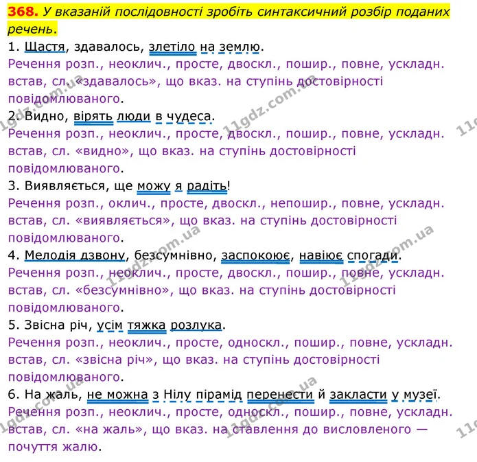 368. У вказаній послідовності зробіть синтаксичний розбір поданих речень. — ГДЗ Українська мова 8 клас Глазова О.П. 2021
