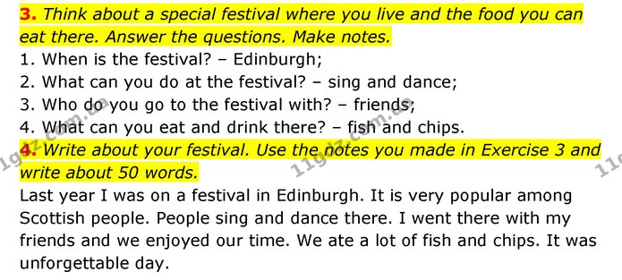 3. Think about a special festival where you live and the food you can eat there. Answer the questions. Make notes. — ГДЗ робочий зошит Англійська мова 6 клас Prepare