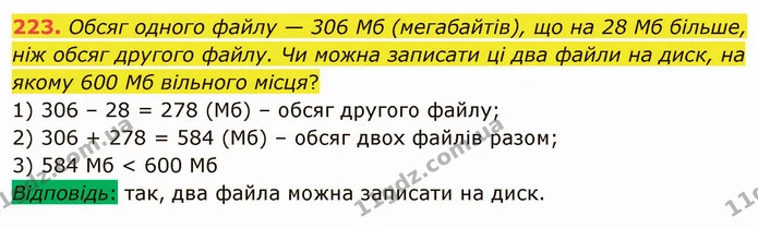 223. Обсяг одного файлу — 306 Мб (мегабайтів), що на 28 Мб більше, ніж обсяг другого файлу. Чи можна записати ці два файли на диск, на — ГДЗ Математика 5 клас Мерзляк