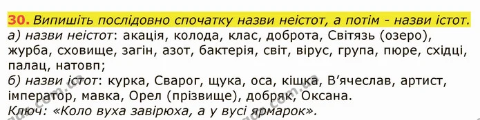 30. Випишіть послідовно спочатку назви неістот, а потім - назви істот. — ГДЗ Українська мова 6 клас Заболотний 2019