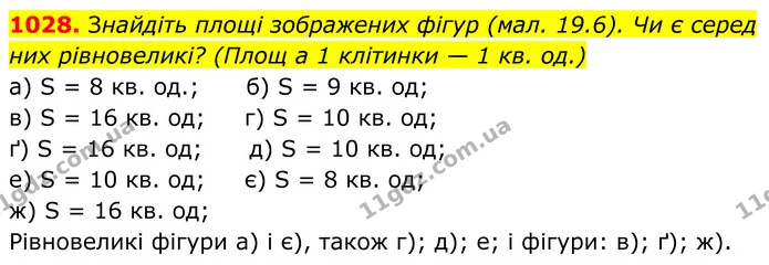 1028. Знайдіть площі зображених фігур (мал. 19.6). Чи є серед — ГДЗ Геометрія 8 клас Бевз