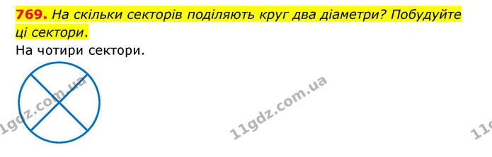 769. На скільки секторів поділяють круг два діаметри? Побудуйте ці сектори. — ГДЗ Математика 6 клас Тарасенкова 2023 1-2 ч.