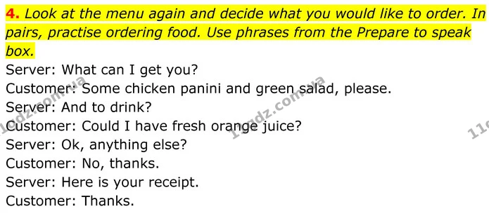 4. Look at the menu again and decide what you would like to order. In pairs, practise ordering food. Use phrases from the Prepare to — ГДЗ Англійська мова 8 клас Стайрінг (Prepare)