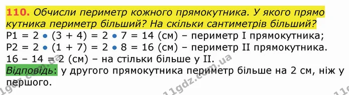 110. Обчисли периметр кожного прямокутника. У якого прямо кутника периметр більший? На скільки сантиметрів більший? — ГДЗ Математика 3 клас Листопад 1-2 ч.