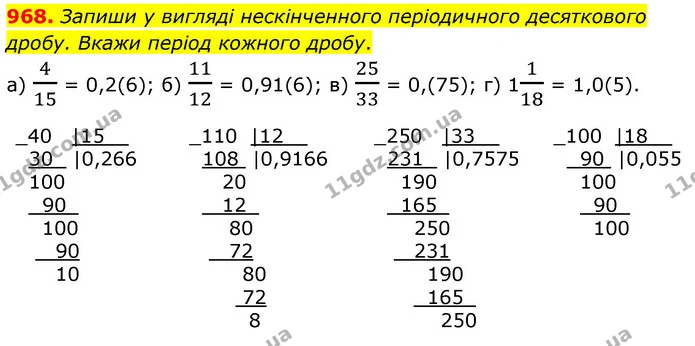 968. Запиши у вигляді нескінченного періодичного десяткового дробу. Вкажи період кожного дробу. — ГДЗ Математика 6 клас Бевз 1-2 ч.