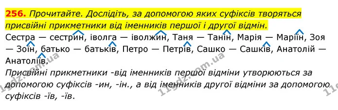 256. Прочитайте. Дослідіть, за допомогою яких суфіксів творяться присвійні прикметники від іменників першої і другої відмін. — ГДЗ Українська мова 6 клас Ворон, Солопенко