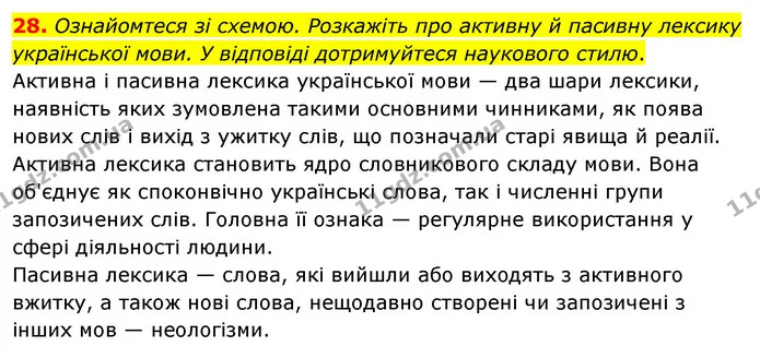 28. Ознайомтеся зі схемою. Розкажіть про активну й пасивну лексику української мови. У відповіді дотримуйтеся наукового стилю. — ГДЗ Українська мова 8 клас Глазова О.П. 2021