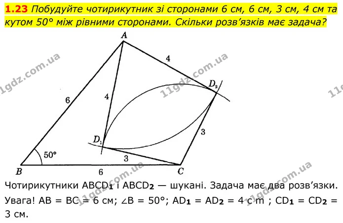 1.23 Побудуйте чотирикутник зі сторонами 6 см, 6 см, 3 см, 4 см та кутом 50° між рівними сторонами. Скільки розв’язків має задача? — ГДЗ Геометрія 8 клас Істер