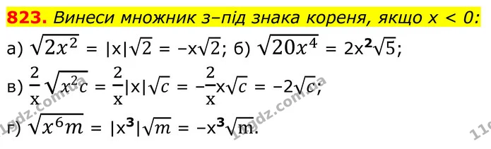 823. Винеси множник з–під знака кореня, якщо х < 0: — ГДЗ Алгебра 8 клас Бевз