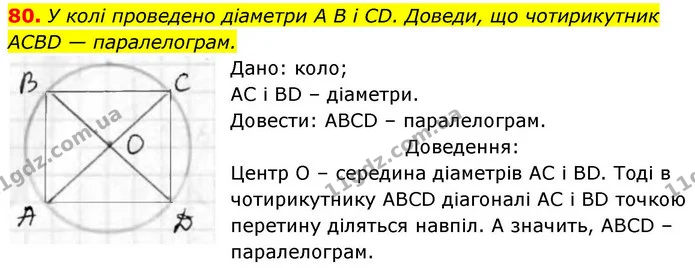 80. У колі проведено діаметри A B і CD. Доведи, що чотирикутник — ГДЗ Геометрія 8 клас Бевз