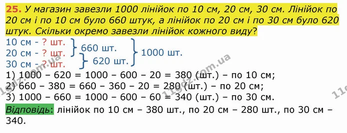 25. У магазин завезли 1000 лінійок по 10 см, 20 см, 30 см. Лінійок по 20 см і по 10 см було 660 штук, а лінійок по 20 см і по 30 см — ГДЗ Математика 4 клас Лишенко 1-2 ч.