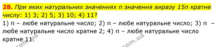 28. При яких натуральних значеннях n значення виразу 15n кратне числу: 1) 3; 2) 5; 3) 10; 4) 11? — ГДЗ Математика 6 клас Мерзляк 2023 1-2 ч.