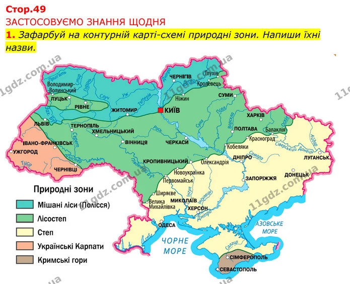 1. Зафарбуй на контурній карті-схемі природні зони. Напиши їхні назви. — ГДЗ Робочий зошит Я досліджую світ 4 клас Грущинська