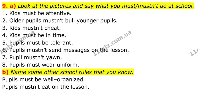 9. a) Look at the pictures and say what you must/mustn’t do at school. — ГДЗ Англійська мова 8 клас Карпюк 2025