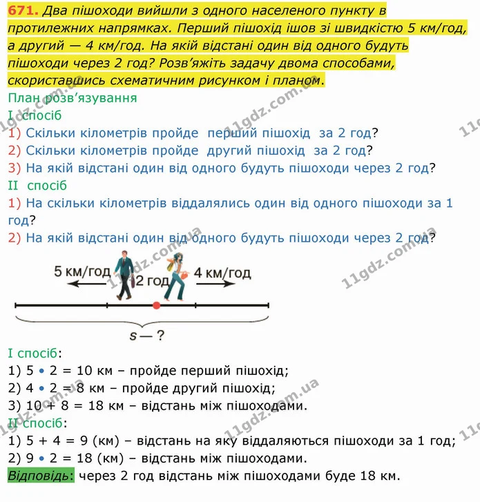 671. Два пішоходи вийшли з одного населеного пункту в протилежних напрямках. Перший пішохід ішов зі швидкістю 5 км/год, а другий — 4 — ГДЗ Математика 4 клас Оляницька