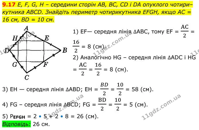 9.17 E, F, G, H – середини сторін AB, BC, CD і DA опуклого чотири–кутника ABCD. Знайдіть периметр чотирикутника EFGH, якщо AC = 16 см — ГДЗ Геометрія 8 клас Істер