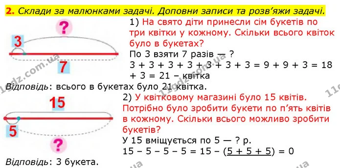 2. Склади за малюнками задачі. Доповни записи та розв’яжи задачі. — ГДЗ Математика 2 клас Скворцова