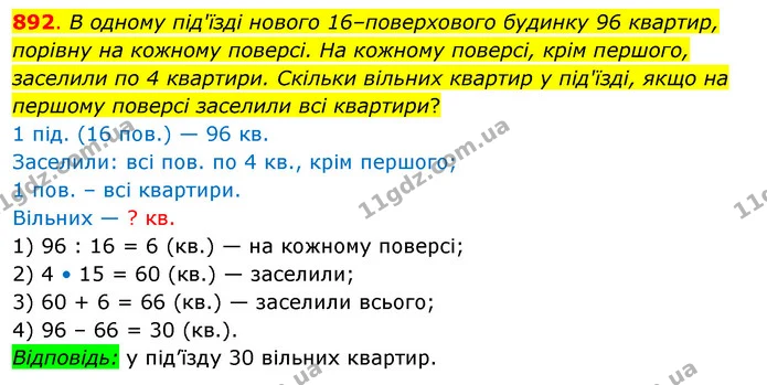 892. В одному під'їзді нового 16–поверхового будинку 96 квартир, порівну на кожному поверсі. На кожному поверсі, крім першого, заселили — ГДЗ Математика 3 клас Бевз 2 частина