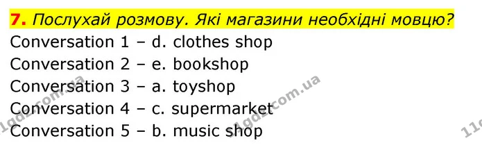 7. Послухай розмову. Які магазини необхідні мовцю? — ГДЗ Англійська мова 5 клас Коста Джоанна