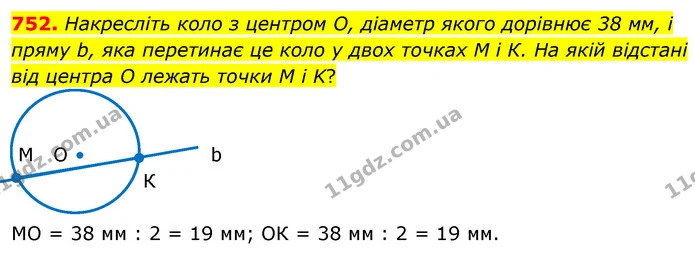 752. Накресліть коло з центром О, діаметр якого дорівнює 38 мм, і пряму b, яка перетинає це коло у двох точках M і К. На якій відстані — ГДЗ Математика 6 клас Кравчук 2023