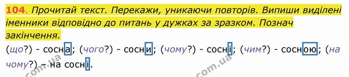 104. Прочитай текст. Перекажи, уникаючи повторів. Випиши виділені іменники відповідно до питань у дужках за зразком. Познач закінчення — ГДЗ Українська мова та читання 4 клас Захарійчук