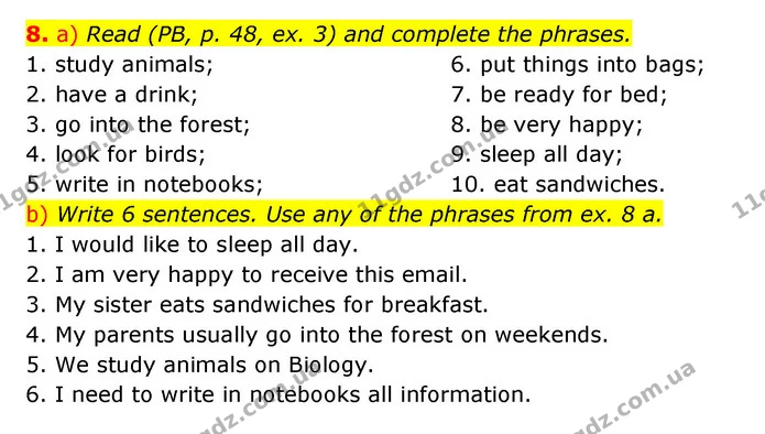 8. a) Read (PB, p. 48, ex. 3) and complete the phrases. — ГДЗ Робочий зошит Англійська мова 5 клас Косован (Дж. Коста)