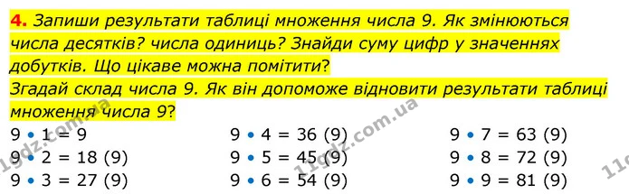 4. Запиши результати таблиці множення числа 9. Як змінюються числа десятків? числа одиниць? Знайди суму цифр у значеннях добутків. Що — ГДЗ Математика 3 клас Скворцова 1-2 ч.