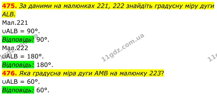475. За даними на малюнках 221, 222 знайдіть градусну міру дуги ALB. — ГДЗ Геометрія 8 клас Бурда