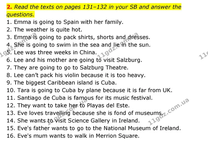 2. Read the texts on pages 131–132 in your SB and answer the questions. — ГДЗ Робочий зошит Англійська мова 6 клас Карпюк
