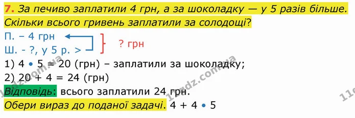 7. За печиво заплатили 4 грн, а за шоколадку — у 5 разів більше. Скільки всього гривень заплатили за солодощі? — ГДЗ Математика 3 клас Логачевська 1-2 ч.