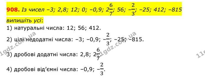 908. Із чисел –3; 2,8; 12; 0; –0,9; 267; 56; –23; –25; 412; –815 випишіть усі: — ГДЗ Математика 6 клас Кравчук 2023