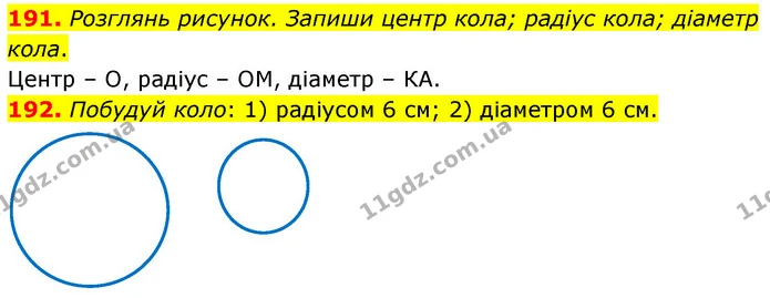 191. Розглянь рисунок. Запиши центр кола; радіус кола; діаметр кола. — ГДЗ Математика 5 клас Скворцова 2022