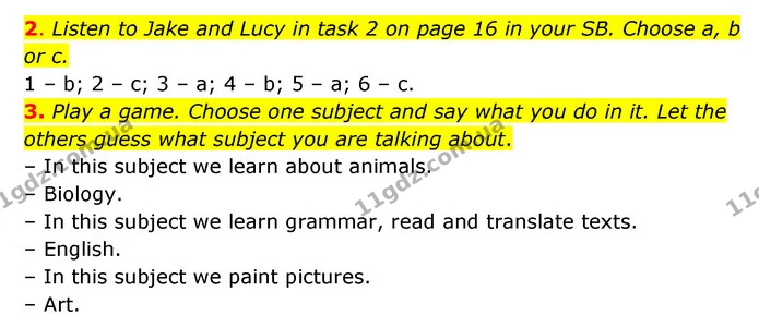 2. Listen to Jake and Lucy in task 2 on page 16 in your SB. Choose a, b or c. — ГДЗ Робочий зошит Англійська мова 6 клас Карпюк