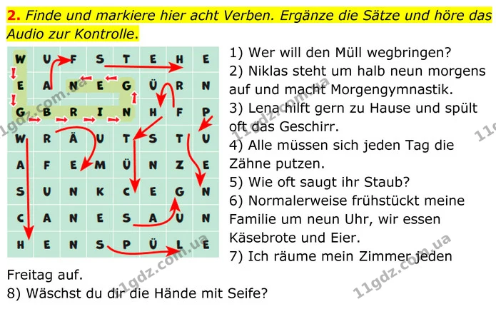 2. Finde und markiere hier acht Verben. Ergänze die Sätze und höre das Audio zur Kontrolle. — ГДЗ Німецька мова 8 клас Сотникова (2025) 4 рік