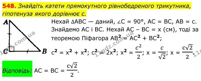 548. Знайдіть катети прямокутного рівнобедреного трикутника, — ГДЗ Геометрія 8 клас Мерзляк