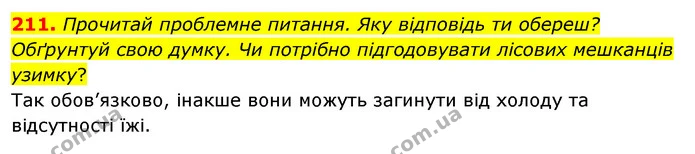 211. Прочитай проблемне питання. Яку відповідь ти обереш? Обґрунтуй свою думку. Чи потрібно підгодовувати лісових мешканців узимку? — ГДЗ Українська мова та читання 3 клас Кравцова (1 частина)