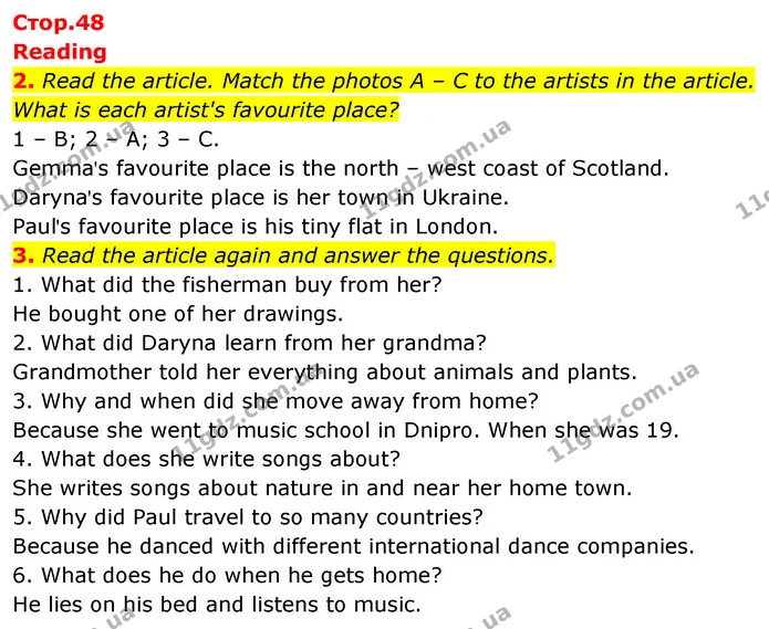2. Read the article. Match the photos A – C to the artists in the article. What is each artist's favourite place? — ГДЗ Англійська мова 6 клас Коста (Prepare 6)