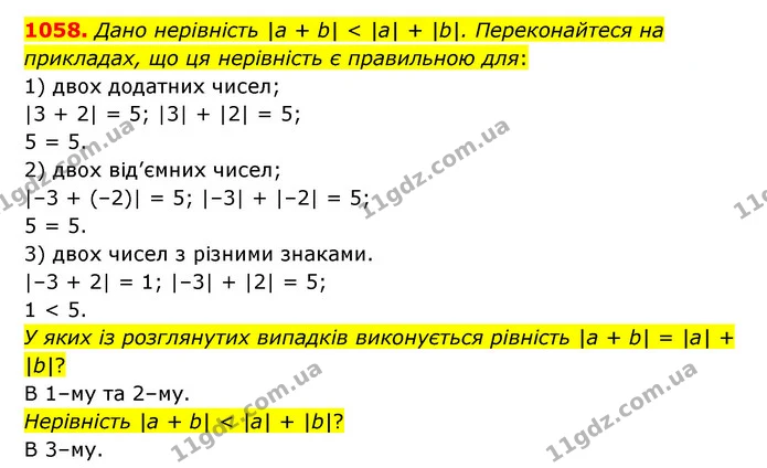 1058. Дано нерівність |а + b| < |а| + |b|. Переконайтеся на прикладах, що ця нерівність є правильною для: — ГДЗ Математика 6 клас Кравчук 2023