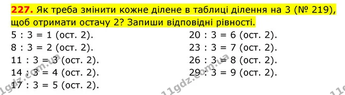 227. Як треба змінити кожне ділене в таблиці ділення на 3 (№ 219), щоб отримати остачу 2? Запиши відповідні рівності. — ГДЗ Математика 3 клас Будна 1-2 ч.