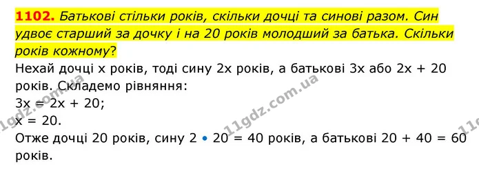 1102. Батькові стільки років, скільки дочці та синові разом. Син удвоє старший за дочку і на 20 років молодший за батька. Скільки років — ГДЗ Математика 6 клас Бевз 1-2 ч.