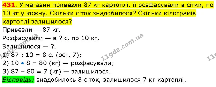 431. У магазин привезли 87 кг картоплі. її розфасували в сітки, по 10 кг у кожну. Скільки сіток знадобилося? Скільки кілограмів — ГДЗ Математика 3 клас Будна 1-2 ч.