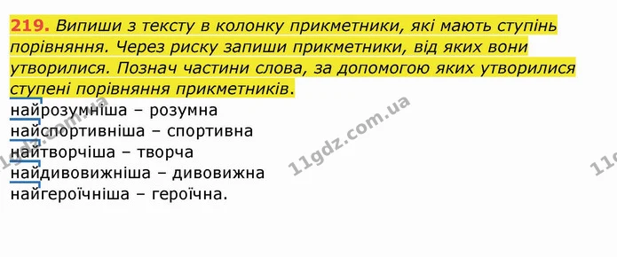 219. Випиши з тексту в колонку прикметники, які мають ступінь порівняння. Через риску запиши прикметники, від яких вони утворилися — ГДЗ Українська мова та читання 4 клас Кравцова