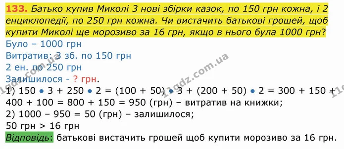 133. Батько купив Миколі 3 нові збірки казок, по 150 грн кожна, і 2 енциклопедії, по 250 грн кожна. Чи вистачить батькові грошей, щоб — ГДЗ Математика 4 клас Заїка