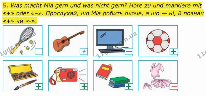 5. Was macht Mia gern und was nicht gern? Höre zu und markiere mit «+» oder «–». Прослухай, що Міа робить охоче, а що — ні, й познач — ГДЗ Німецька мова 5 клас Сотникова (1 рік)